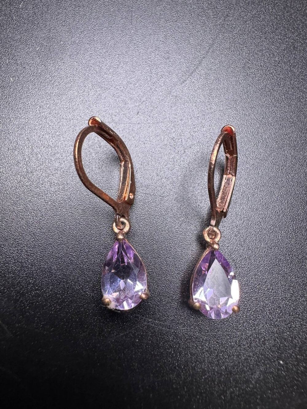 STS 925 Sterling Silver Pear Cut Amethyst Drop Earrings Rose Gold Tone Leverback